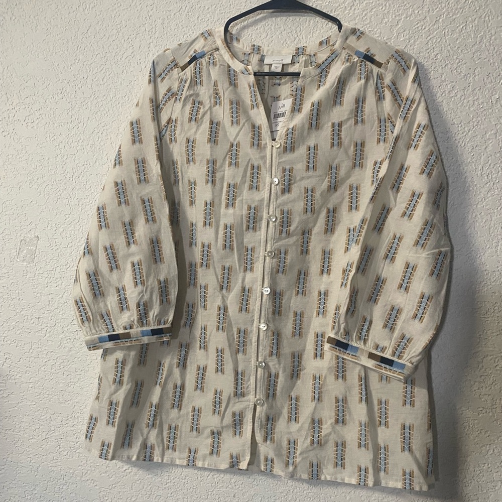 J. Jill Cream and Blue boho embroidery Patterned Button Down Shirt